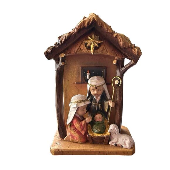 Resin Small Nativity Mary Joseph Baby Jesus Lamb  7"x 3.5" - Picture 1 of 5